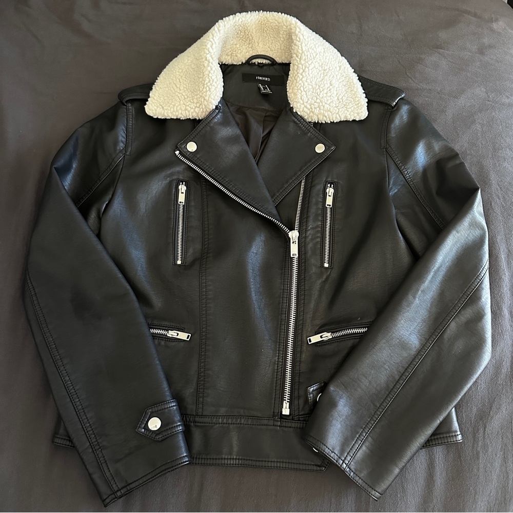 F21 Convertible Black Leather Jacket with Removable Sherpa Collar
